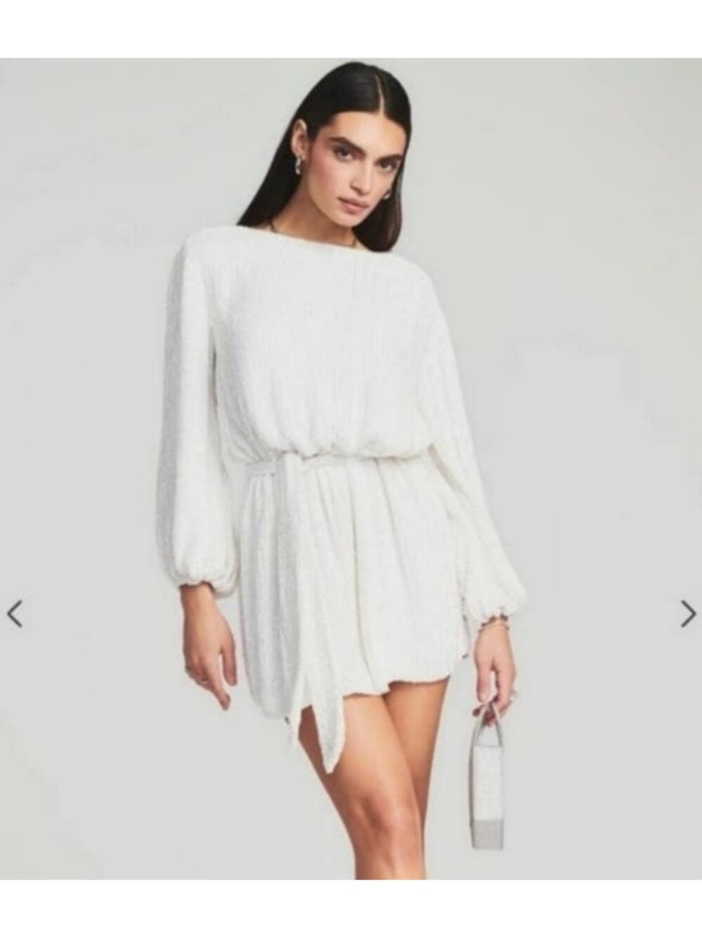 Retrofete Grace Sequin Dress in Moonglow White Size XS NWT Belt Long Sleeve